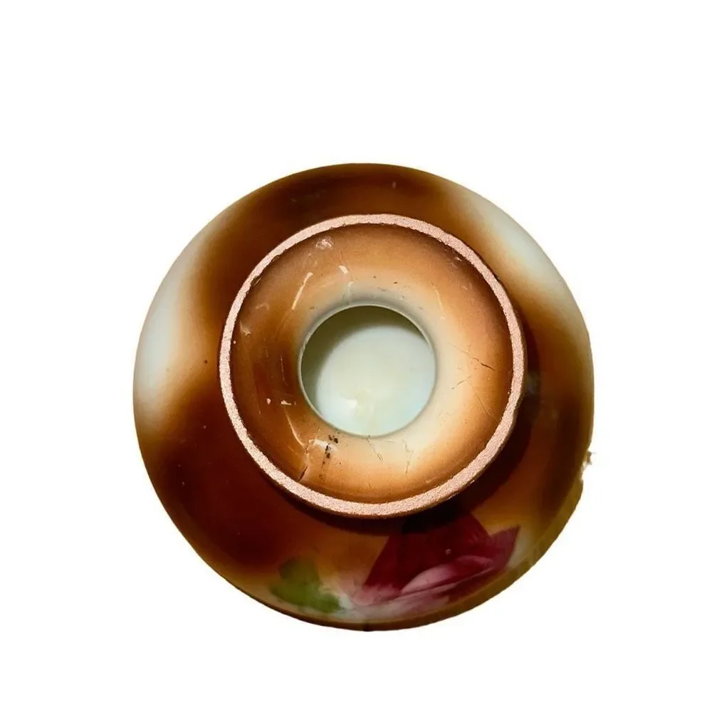 HAND PAINTED MILK GLASS VASE - Squat & Round Brown with Red Rose VINTAGE COUNTRY